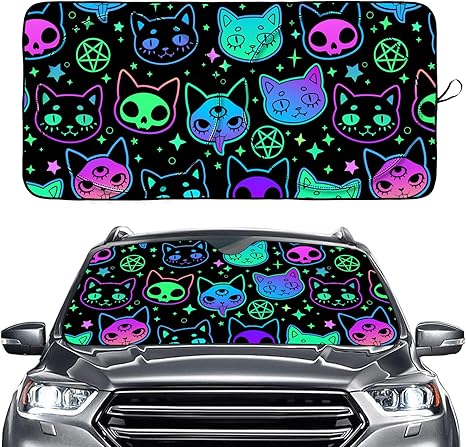 Colorful Skull Cat Pentagram Gothic Windshield Sun Shade, Front Window Sun Shade for Car SUV Truck-63'' X 30'', Foldable UV Ray Reflector Visor Shield Cover - sugar skull car sunshade for windshield