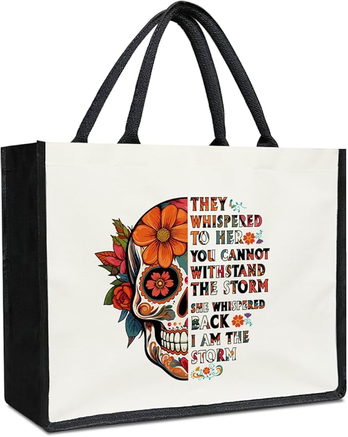 GOODBANER Mexican Sugar Skull Canvas Tote Bag for Women, Aesthetics Tote Bag, I Am The Storm, Sugar Skull Gifts for Women Dia De Los Muertos Reusable Mother's Day Gifts Beach Bags -07 - sugar skull handbags for sale