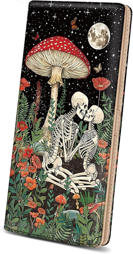 Womens Wallet, Mushroom Skull Slim Thin RFID Blocking Credit Card Wallets, Long Bifold PU Leather Card Holder Organizer, Goth Cash Clutch Billfold with Zipper Coin Pocket Ladies Girls Gift - sugar skull wallets for women