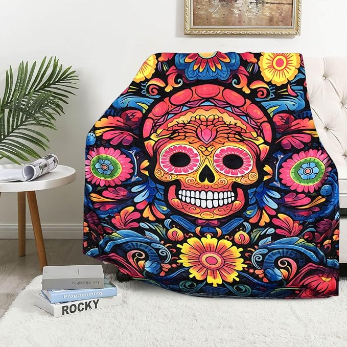 Firmiso Sugar Skull Gifts for Women and Men, Day of The Dead Blanket for Home Decor, Halloween Skull Lighweight Fleece for Bed Room and Living Room, 40x50 inches, No Pilling - sugar skull handbags for sale