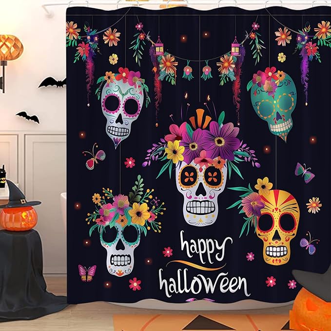 Generic Day of The Dead Shower Curtain Mexican Spooky Halloween Hispanic Style Abstract Gothic Skeleton Floral Funny Flower Skull Sugar Fabric Bath Curtain with Hook, Black - sugar skull shower curtain set