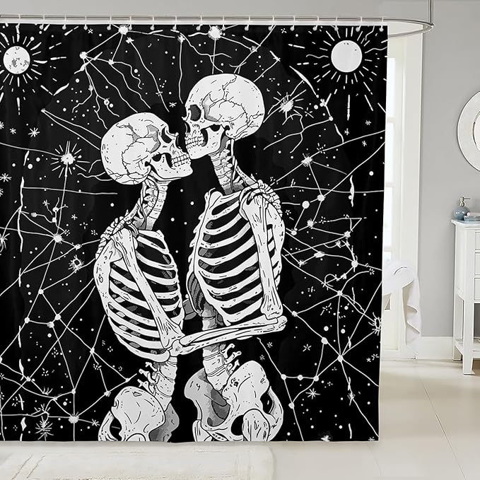 Sugar Skull Shower Curtain,Kissing Lovers Skeleton Bones Bathroom Curtain,Sun and Moon Waterproof Curtain Kids Boys Teens Room Decor,Starry Sky Black Gothic Halloween Bath Curtain,12 Hooks,72" Wx72 L - sugar skull shower curtain set