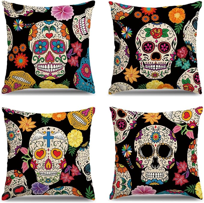 MEHOFOND Dia De Los Muertos Pillow Covers 18x18 Set of 4 Sugar Skull Throw Pillow Cover Mexican Fiesta Decor Day of The Dead Linen Cushion Case for Sofa Couch - sugar skull throw pillow