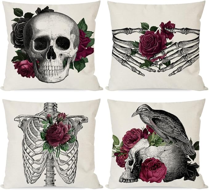 PANDICORN Gothic Skull Burgundy Rose Halloween Pillow Covers 18x18 Skeleton Hand Raven Crow Vintage Floral Spooky Halloween Goth Decorations Outdoor Decorative Pillows Cases Set of 4 for Couch Decor - sugar skull throw pillow
