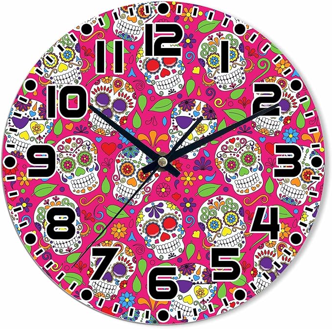 Sugar Skull Wall Clock Battery Operated Colorful Wall Clock Silent Non Ticking Quality Quartz 10 Inch Round Easy Clock to Read for Home Office - sugar skull canvas wall art