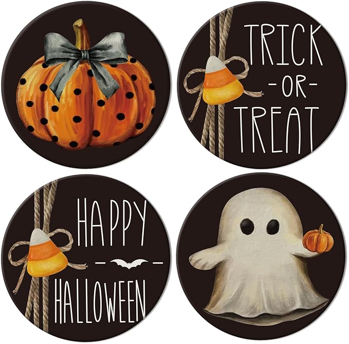 Whaline 4Pcs Happy Halloween Coasters Trick or Treat Ghost Pumpkin Ceramic Coasters Absorbent Cup Mat for Home Kitchen Office Party Table Decor - sugar skull coasters set