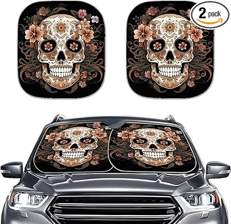 Orange Sugar Skull Floral Print Car Sun Shade for Front Windshield, 2 Piece Universal Fit SUV Truck Anti-UV Vehicle Decoration Accessories - sugar skull car sunshade for windshield
