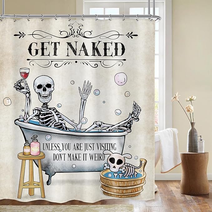 LGhtyro Funny Skull Skeleton Shower Curtain Gothic Spooky Cool Unique Hilarious Bone in Bathtub Bubbles Dog Halloween Bathroom Set 60Wx71H Inches Bath Accessories Art Home Decor Fabric 12 Pack Hooks - sugar skull shower curtain set