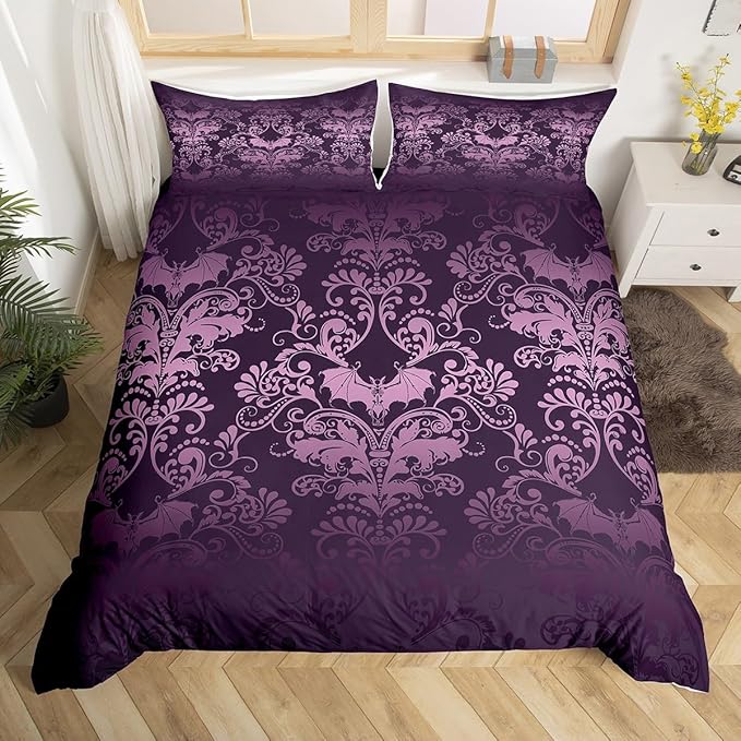 Erosebridal Adults Damask Gothic Bedding Set Antique Victorian Duvet Cover Twin,Vintage Floral Goth Comforter Cover Bat Bed Set,Bats Sugar Skull Bone Skeleton Bohemian Baroque Decor,Purple Lilac - sugar skull bedding set