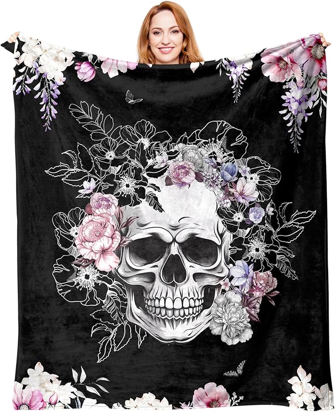 Skull Blanket Skulls Gifts for Women - Skull Flower 50" X 60" Soft Throw Blanket - Skulls Blanket for Woman Girls Lady Kids - sugar skull throw blanket