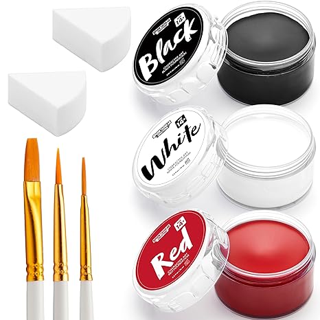 Spooktacular Creations 8 PCS Halloween Makeup Kit 3 Face Body Paint Oil Based Foundation Set with 3 Painting Brushes, 2 Sponges for Halloween Clown SFX Zombie Skeleton Cosplay( White Black Red ) - sugar skull makeup kit