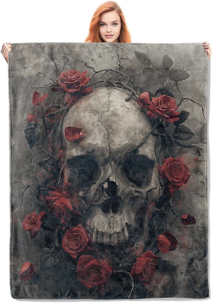 Skull Rose Blanket, Horror Skulls Flannel Throw Blankets,Soft Warm Lightweight Cozy Plush Skull Throws for Bedroom Sofa Office Home Decor for Adults Men 60"x50" - sugar skull throw blanket