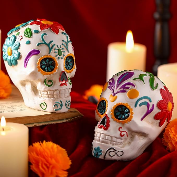 2 Pcs 4.33 Inch Day of The Dead Skull Sugar Skull Statue Resin Figurine Multicolor Floral Skeleton for Home Table Day of The Dead Halloween Decoration - sugar skull garden decor