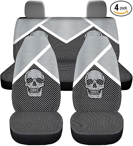 Auto Interior Seat Covers, Metal-Like Skull Print 4Pcs Car Seat Covers Full Set for Front&Rear Seats Universal Fit for Cars SUV Sedan Vans Trucks - sugar skull car seat covers set