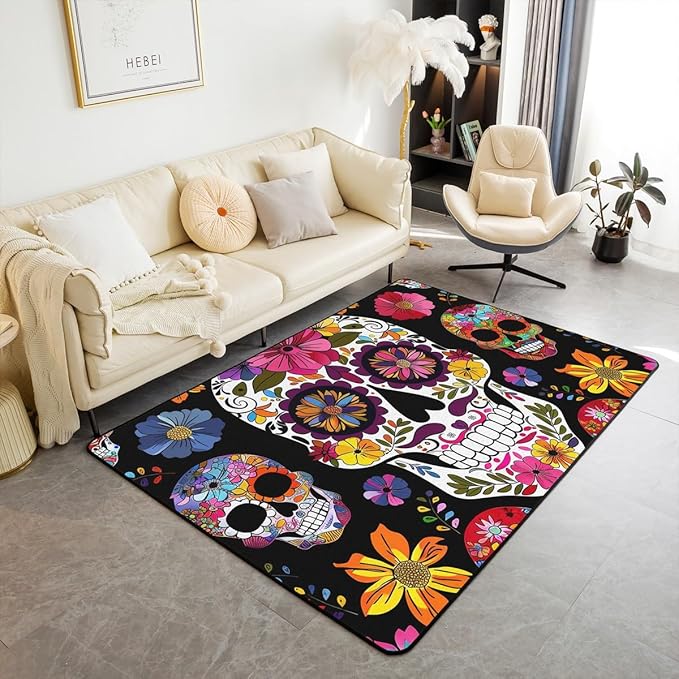 Erosebridal Colorful Sugar Skull Area Rug,Halloween Carpet,Skeleton Floral Leaf Indoor Floor Mat,Gothic Hippie Style Decorative Accent Rug for Kids Teens Adult,3x5 - sugar skull area rug