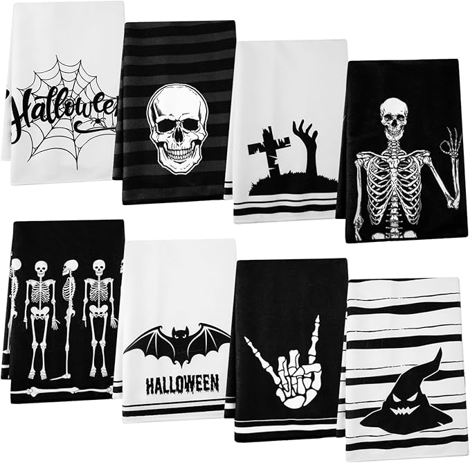 Preboun 8 Pcs Halloween Kitchen Towels Black and White Skull Ghost Bat Spider Web Dish Towels Gothic Hand Washcloth for Bathroom Halloween Kitchen Decorations 16" x 28''(Classic) - sugar skull beach towel