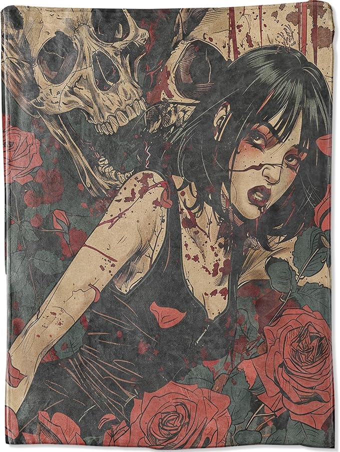 Scared Bleed Female Blanket, Gothic Skull Red Rose Aesthetic Throw Blankets for Halloween Home Bedroom Couch Room Decor, Fluffy Comfortable Warm Throws, for Artist Adults Women, 50x60 in - sugar skull throw blanket