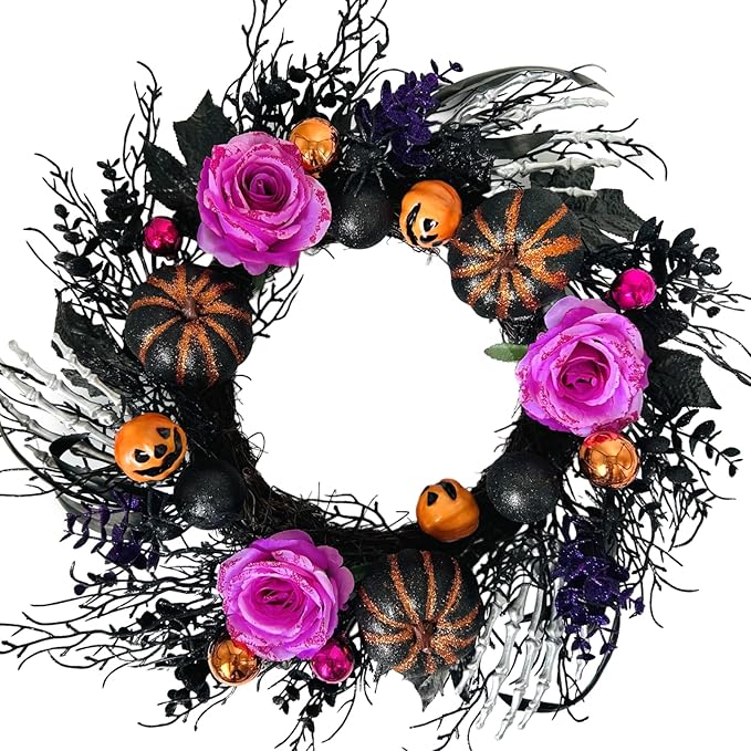 22 Inch Halloween Wreaths for Front Door Artificial Black Welcome Wreath with Pumpink Rose Skeleton Hand Indoor Outdoor Wall Holiday Decorations - sugar skull wreath for front door