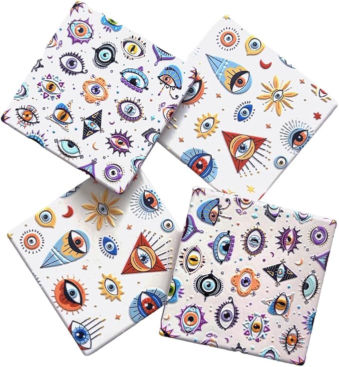 Amulets Evil Eye Square Drink Coasters Set, 4 Pieces Set Cute Ceramic Surface 3D Embossed Mug Mat Protection for Beverage, Coffee Table, Tabletop, Office, Kitchen, Bar - sugar skull coasters set