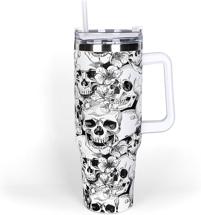 Whaline 40oz Halloween Skull Tumbler with Straw and Lid Spooky Skull Flower Travel Coffee Tumbler Cup with Handle for Trick or Treat Birthday Party Gifts - sugar skull tumbler with straw