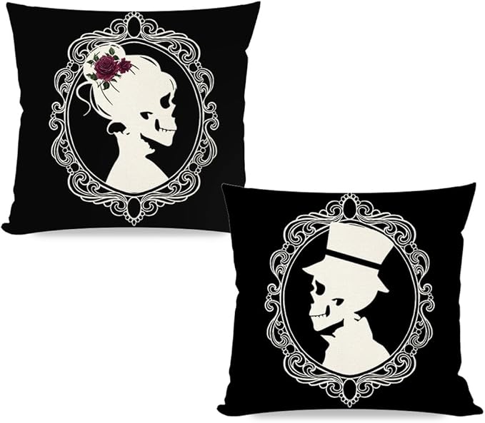 PANDICORN Halloween Gothic Couple Throw Pillow Covers 18x18 Gentleman Lady Skeleton Vintage Halloween Black Goth Indoor Decorations Decorative Cushion Cases Set of 2 for Home Bedroom Bed Couch Decor - sugar skull throw pillow