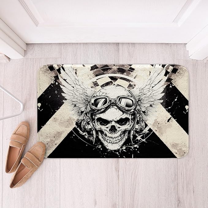 Erosebridal Sugar Skull Bath Mat for Boys Gothic Skeleton Bathroom Rugs 16X24,Vintage Grunge Door Mat Geometric Checkered Stripe Bathroom Mat Black and White Bath Rugs - sugar skull toilet mat set