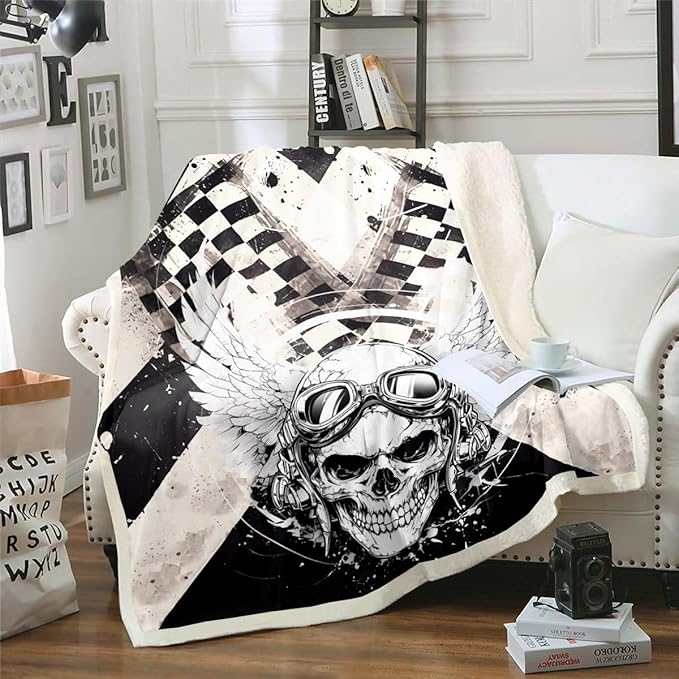 Erosebridal Sugar Skull Blanket for Boys Gothic Skeleton Fleece Blanket Baby,Vintage Grunge Throw Blanket Geometric Checkered Stripe Sherpa Blanket Black and White Fuzzy Blanket,Microfiber - sugar skull throw blanket