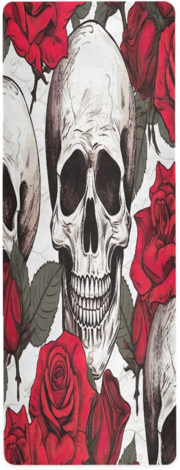 Yoga Mat Skulls with Red Roses Non Slip Fitness Exercise Mat Extra Thick Yoga Mats for home workout, Pilates, Yoga and Floor Workouts 71 x 26 Inches - sugar skull yoga mat
