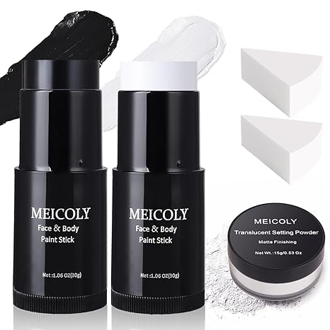 MEICOLY Black White Face Body Paint Stick Set with Sponges and Setting Powder,Face Paint Stick for Adults and Kids,Clown White Makeup,Face Painting for Halloween SFX Skull Zombie Skeleton Goth Makeup - sugar skull makeup kit