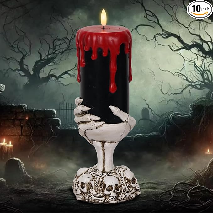 Halloween Decorations Black Flameless Candles with 6H Timer, Battery Operated Candles with Skull Hand Candle Holder, Real Wax Dripping Halloween Candle Spooky Halloween Decor Indoor - sugar skull candle holder