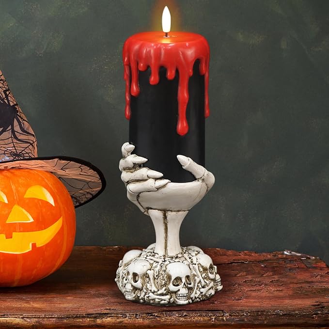 DRomance Black Flameless Flickering Candles with Timer, Blood Dripping Wax Effect Battery Operated LED Pillar Candle with Skeleton Hand Candle Holder Halloween Table Centerpiece Decor(4" x 11") - sugar skull candle holder