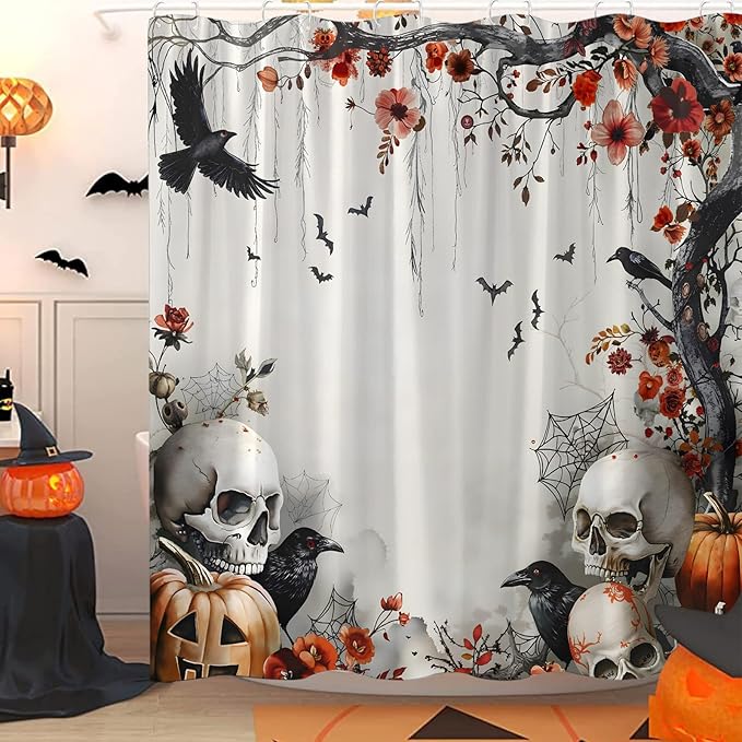 Halloween Skull Shower Curtain Scary Skeleton Vintage Spooky Crow Gothic Floral Tree Bats Spider Web Pumpkin Cool Art Bath Curtain with Hooks - sugar skull shower curtain set