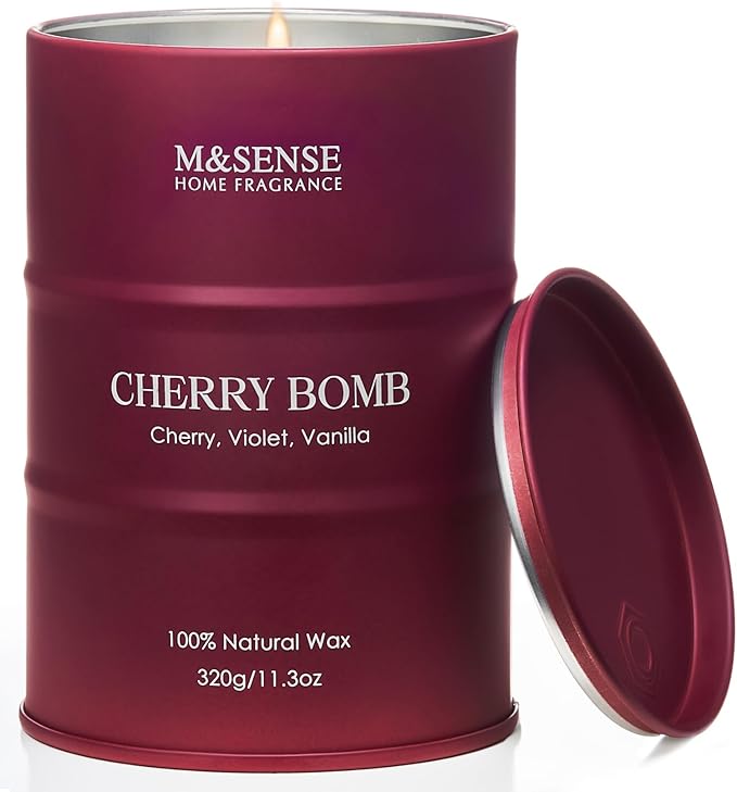 M&SENSE Cherry Bomb Scented Candles, Sweet Candle for Home Scented, Natural Soy Wax Cherry Blossom, Gifts for Women Mom, 11.3 oz 70 Hours Burn - sugar skull candle holder