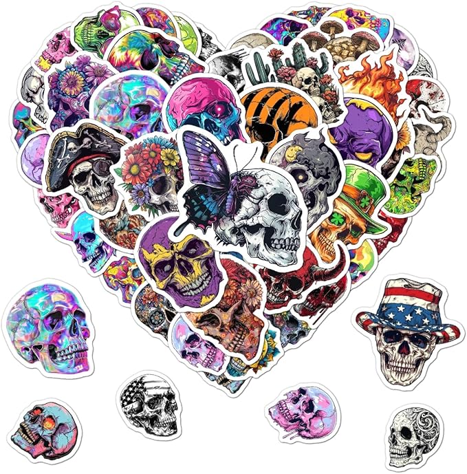 Pack 50 Pcs Cute Skull Stickers for Water Bottles Funny Laptop Luggage Computer Scrapbooking Motorcycle Teens Girls Boys Adults Waterproof Aesthetic Sticker Small Vinyl Decals - sugar skull vinyl sticker