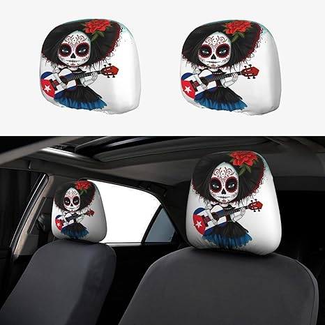 2 Pcs Puerto Rico Sugar Skull Headrest Covers,Cute Puerto Rico Gift Car Headrest Protector Seat Cover Accessories Universal Fit for Cars Truck SUV Van - sugar skull car seat covers set