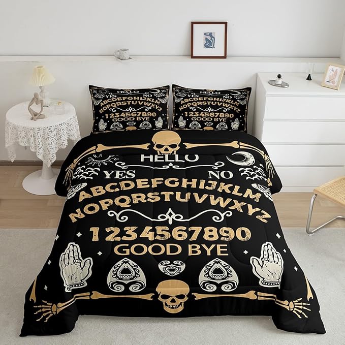 Feelyou Sugar Skull Comforter Set Queen Size Kids Gothic Skull Comforter for Boys Girls Teens Boho Black Yellow Bedding Set Halloween Themed Duvet Set - sugar skull bedding set