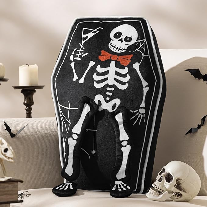 Phantoscope Happy Halloween Shaped Throw Pillow, Coffin Shaped Throw Pillow Skeleton Pillow with 3D Skull Legs, Velvet Halloween Cushion Pillow with Piping for Couch, Black, 20 x 12 inch - sugar skull throw pillow
