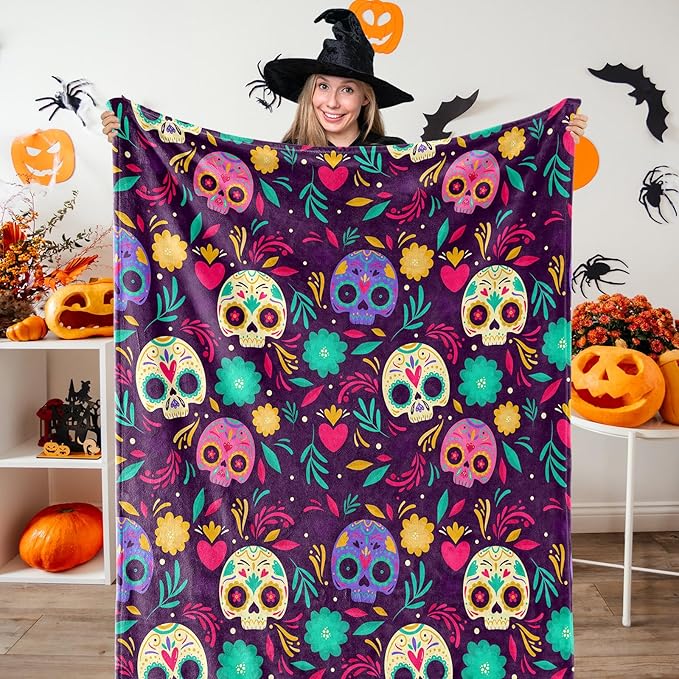Halloween Fuzzy Flannel Blanket 60 x 50 Inch Day of The Dead Skull Throw Blanket Scary Soft Blanket for Farmhouse Home Chair Sofa Couch Bed - sugar skull throw blanket
