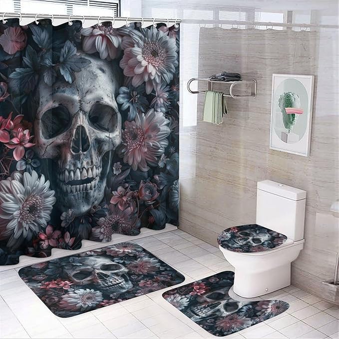 4Pcs Vintage Skull Fantasy Shower Curtain Set, Non-Slip Rugs Toilet Lid Cover Bath Mat, Gothic Skeleton Floral Rustic Plants Bathroom Shower Decor Sets Accessories, 72" x 72" - sugar skull shower curtain set