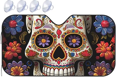 Car Windshield Sun Shade Sugar Skulls Car Sun Shade Front Windshield Sunshade Windshield Cover Reflective Sun Visor Keep Your Vehicle Cool for Most Sedans SUV Truck - sugar skull car sunshade for windshield