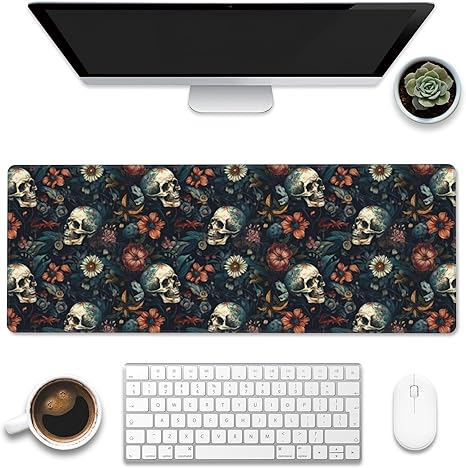 Desk Mat,Skulls with Flowers Large Gaming Mouse Pad XL,Skull Floral Desk Pad,Extended Big Computer Keyboard Mousepad with Non-Slip Base and Stitched Edges 31.5"x11.8" - sugar skull car floor mats