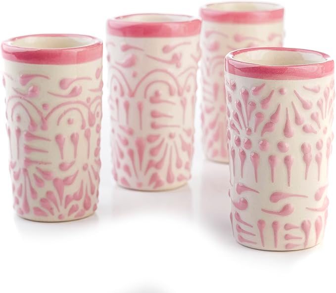 Talavera Shot Glasses Set of 4 Authentic Mexican Tequila Shot Glasses - Hand-painted - 2 Oz (Pink Lace) - sugar skull wine glass