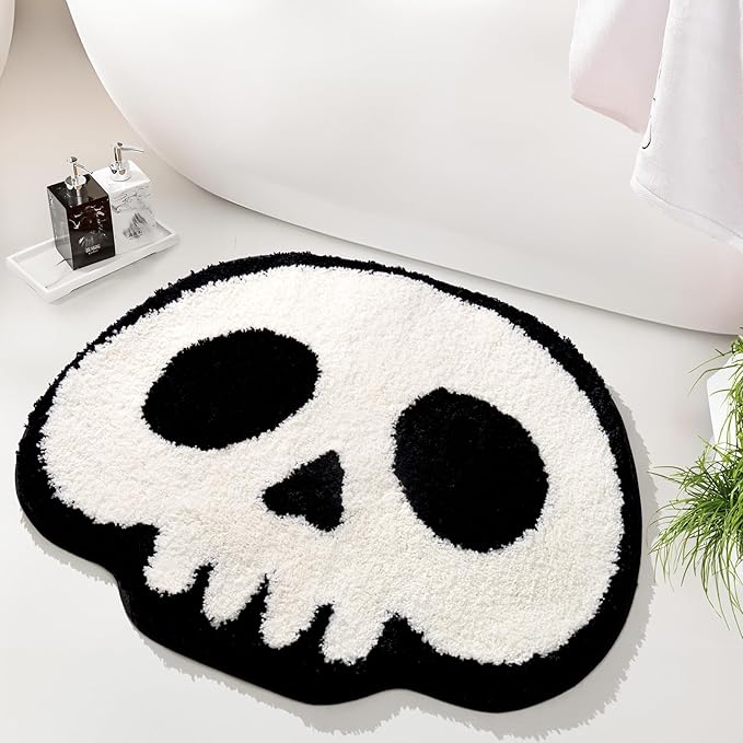 Black and White Bathroom Rugs Cute Skull Bath Mat for Tub Shower Kitchen Bedroom Entryway Doormat Fun Cartoon Ghost Non Slip Horror Decor Gothic,24''x29'' - sugar skull floor mat