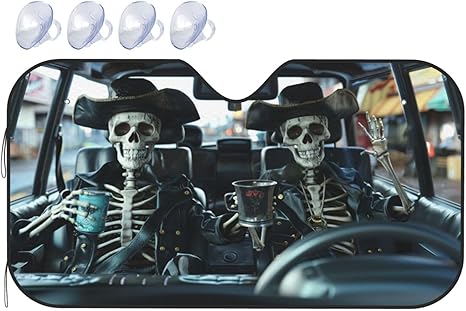 Funny Skull Windshield Sun Shade Cool Gothic Skeleton Foldable Sunshades Front Sun Visor Window Shades Cover Block Automotive Interior Protector Blocks UV Rays 55" L X 30" W - sugar skull car sunshade for windshield