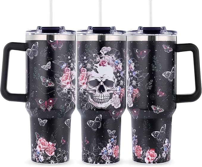 Skull Tumbler Gothic Skulls Gifts for Women - 40oz Gothic Skull Tumbler with Handle - Christmas Birthday Present with Lid and Straw for Skulls Lovers - sugar skull tumbler with straw