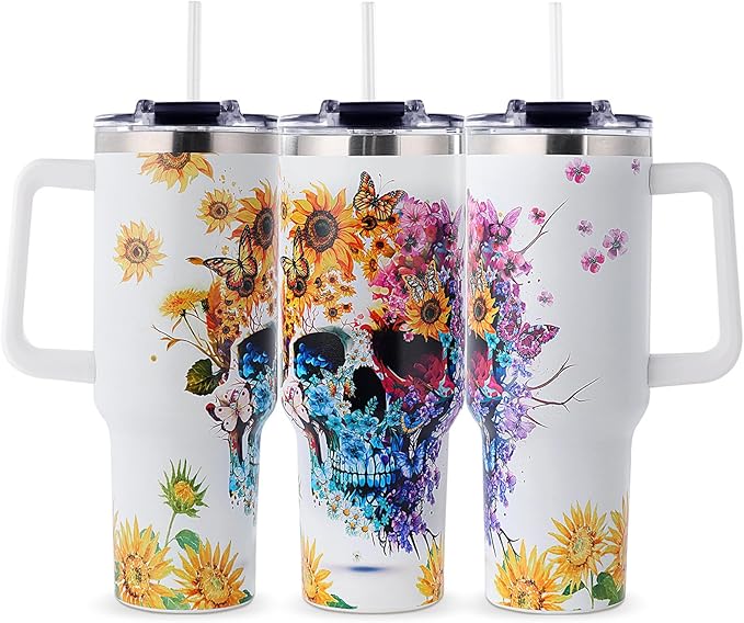 Skull Tumbler Sugar Skulls Themed Gifts for Women - Gothic Skull 40oz Tumbler with Handle - Christmas Birthday Present with Sunflowers Butterfly for Skulls Lovers - sugar skull canvas wall art