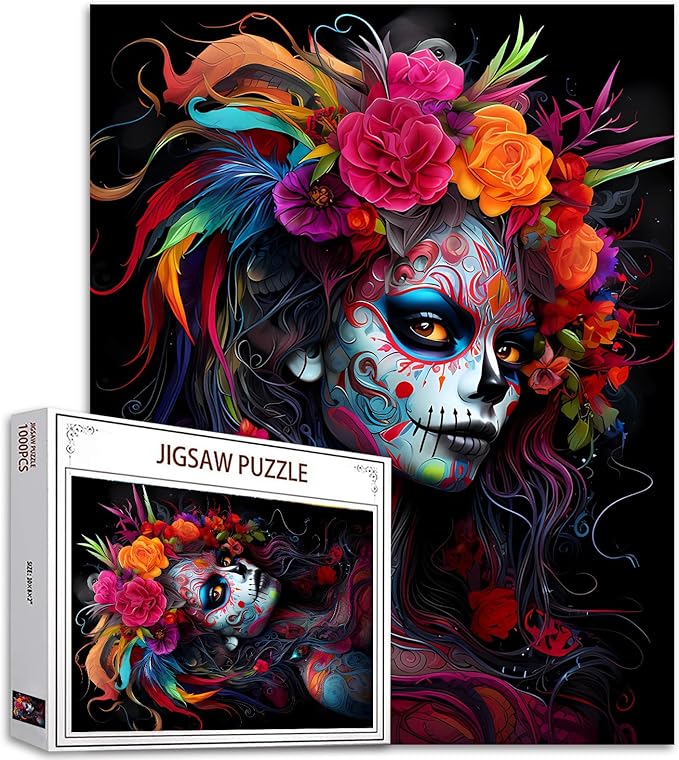 Sugar Skull Woman Portrait Jigsaw Puzzle 1000 Pieces Puzzles for Adults, Graffiti Women Halloween Jigsaw Puzzles for Challenging Family Activity Games DIY Puzzle for Home Wall Decor - 20 x 27 Inches - sugar skull poster print