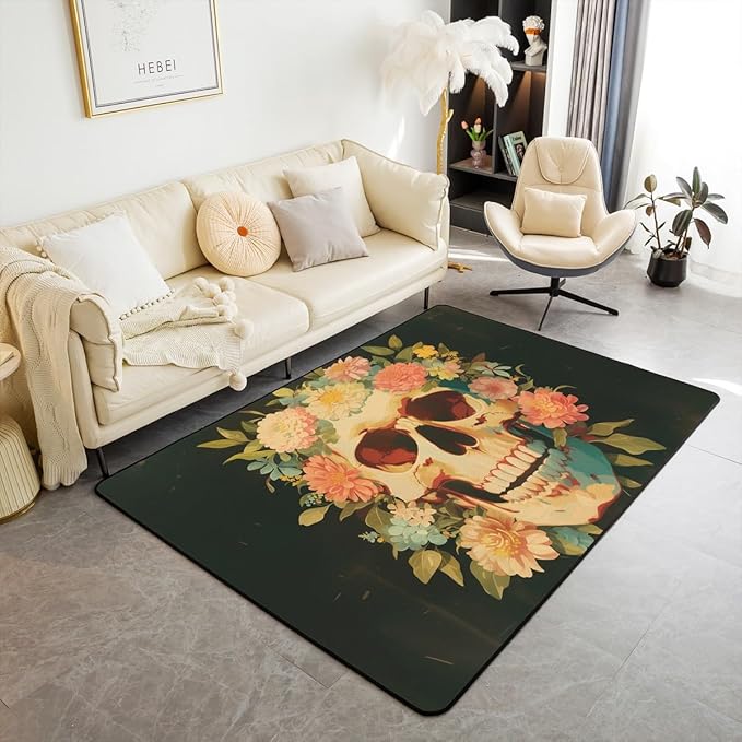Erosebridal Sugar Skull Area Rug 3x5,Halloween Skull Bones Carpet Non Slip,Gothic Themed Living Room Rugs for Kids Boys Girls Bedroom Kitchen,Botanical Flowers Floral Indoor Floor Mat Non Shedding - sugar skull area rug