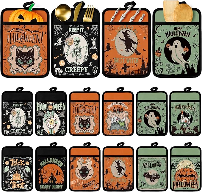 12 Pcs Halloween Pot Holders with Pocket Ghost Hot Pads and Oven Mitts Spooky Pumpkin Farmhouse Gloves for Kitchen Gothic Witchy Baking Cooking Gift - sugar skull oven mitts