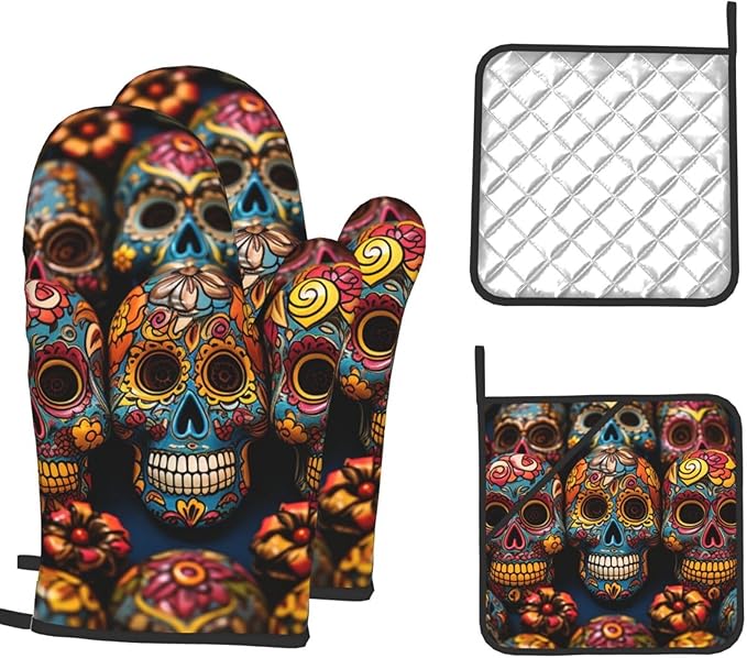 Oven Mitts and Pot Holders 4 pcs Heat Resistant Oven Glove Colorful Sugar Skulls Oven Mitt Non-Slip Oven Gloves for Cooking Kitchen Hot Pads for Grilling Microwave Baking BBQ - sugar skull oven mitts
